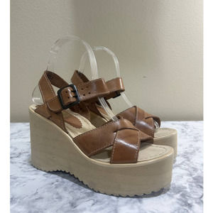 ❤Bongo VTG Y2K Platform Wedge Sandals 7 Strappy Leather Brown Retro Boho Hippie.
